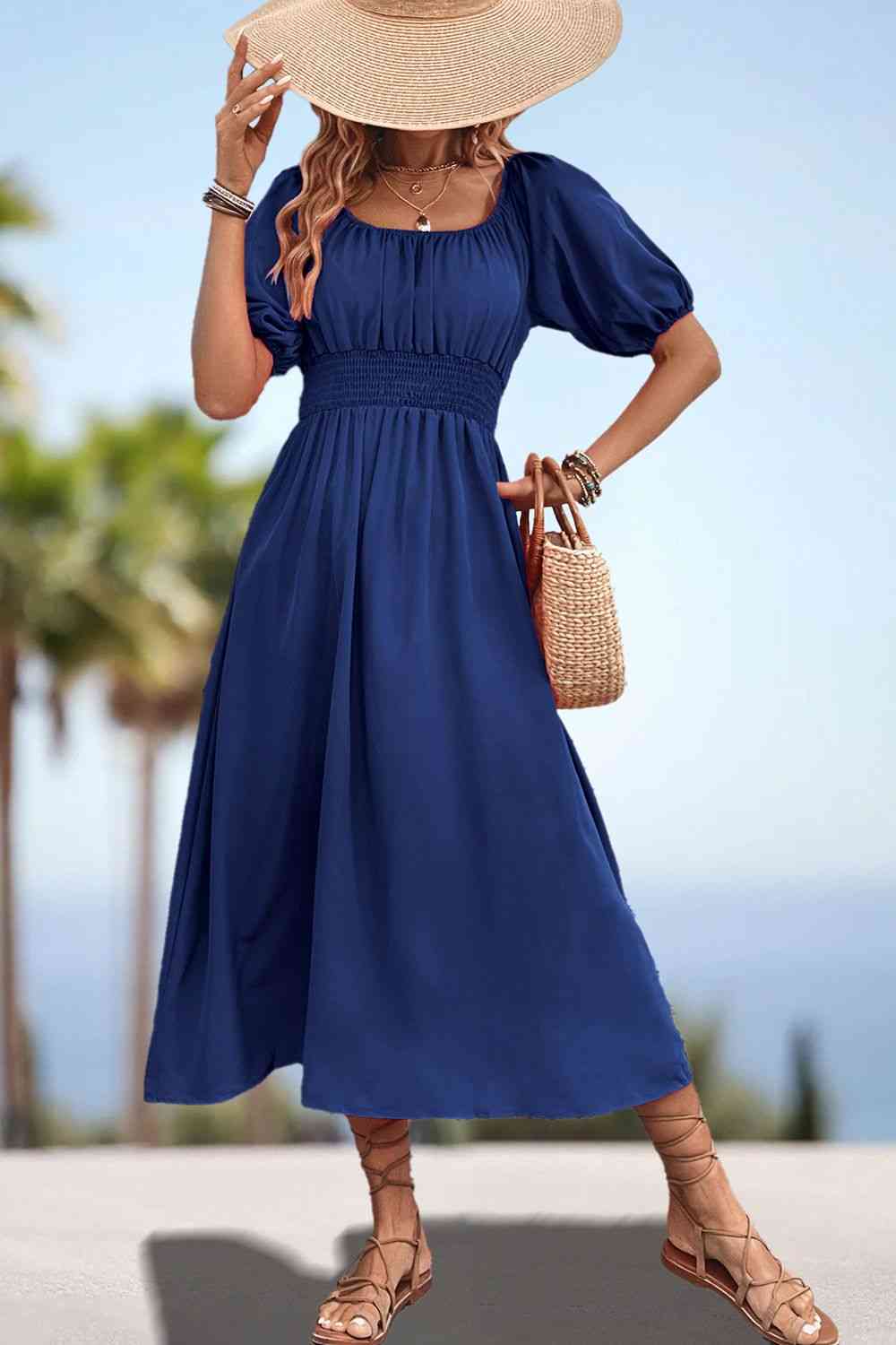 Square Neck Smocked Waist Puff Sleeve Midi Dress -BazaarBey - www.shopbazaarbey.com