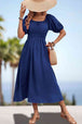 Square Neck Smocked Waist Puff Sleeve Midi Dress -BazaarBey - www.shopbazaarbey.com