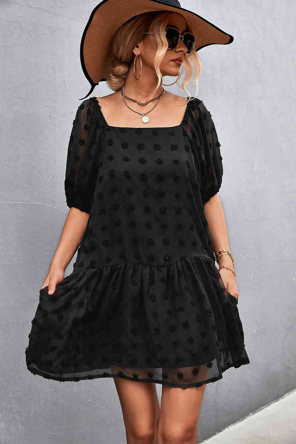  Square Neck Half Balloon Sleeve Dress -BazaarBey - www.shopbazaarbey.com