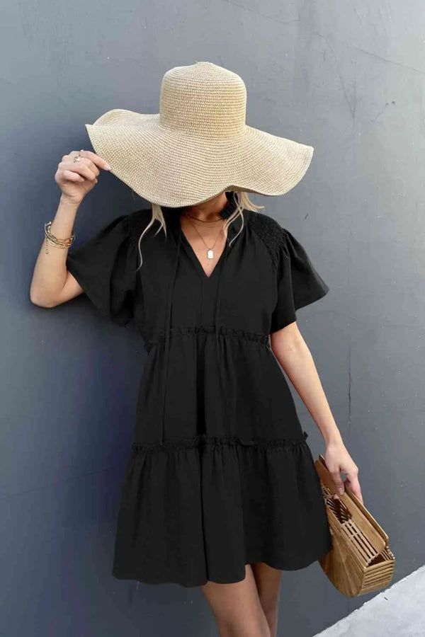 Frill Trim Smocked Tie Neck Dress -BazaarBey - www.shopbazaarbey.com