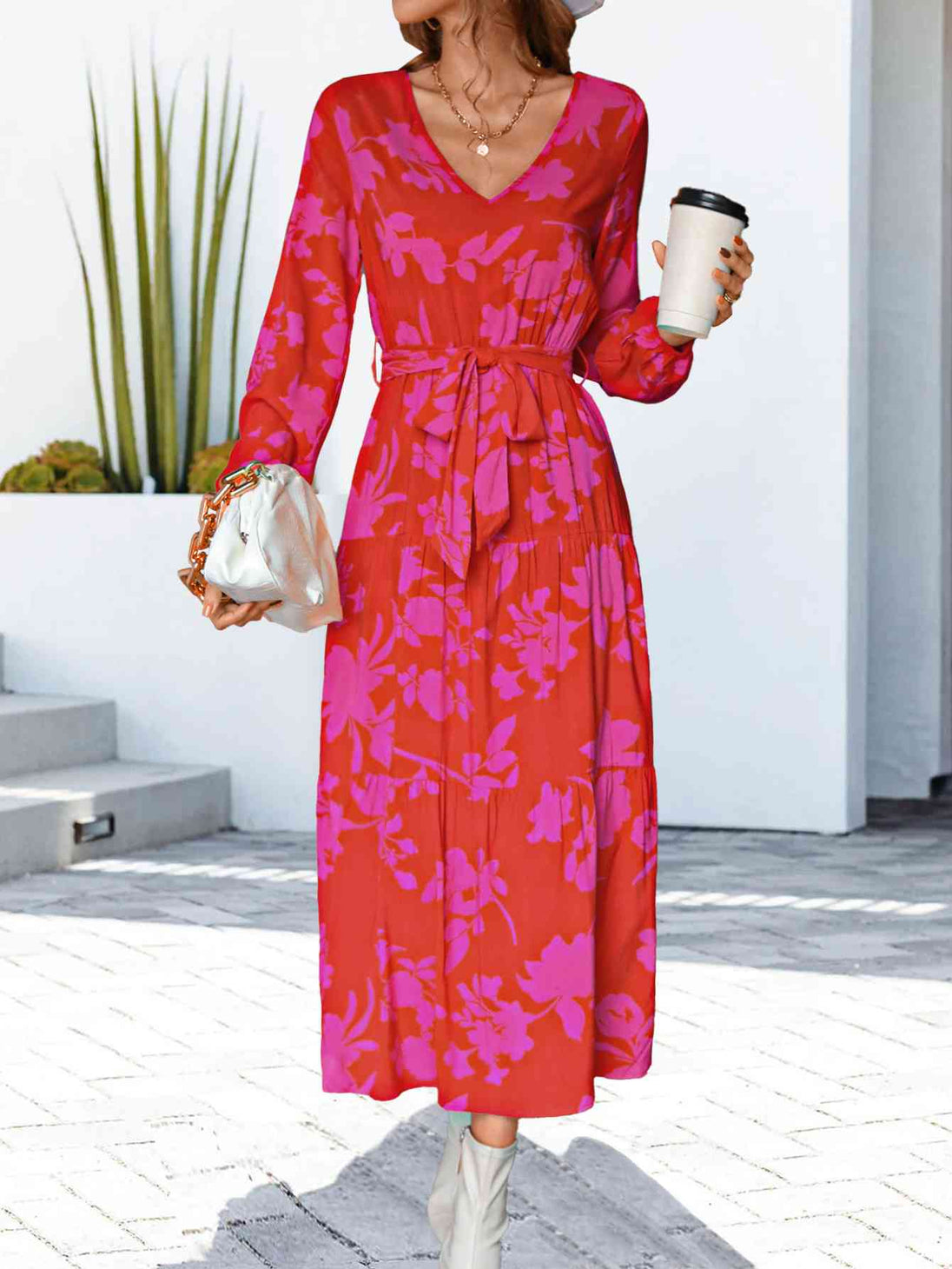 Floral V-Neck Long Sleeve Dress -BazaarBey - www.shopbazaarbey.com