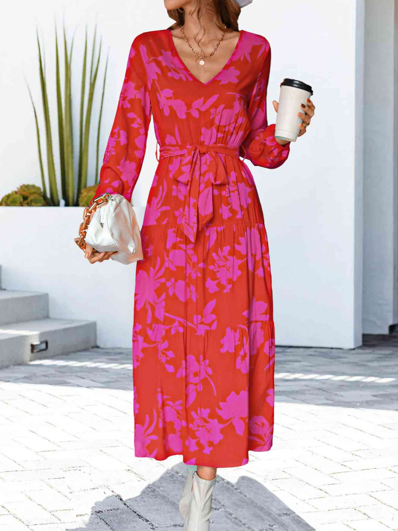 Floral V-Neck Long Sleeve Dress -BazaarBey - www.shopbazaarbey.com