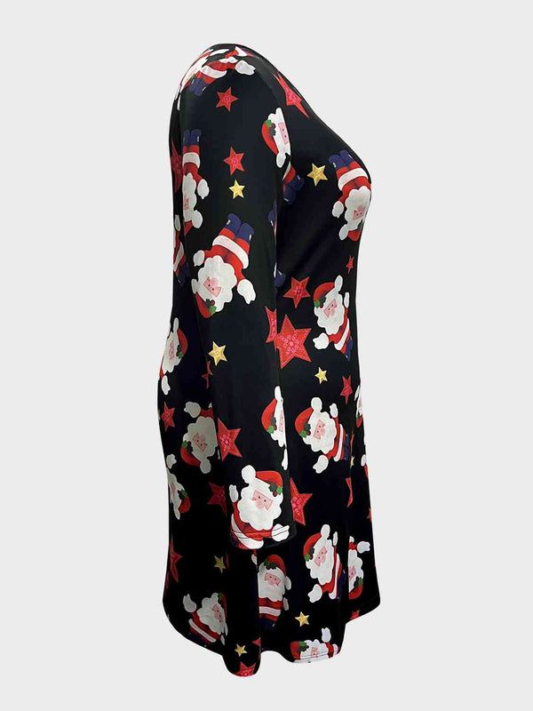 Plus Size Santa Printed Round Neck Dress -BazaarBey - www.shopbazaarbey.com