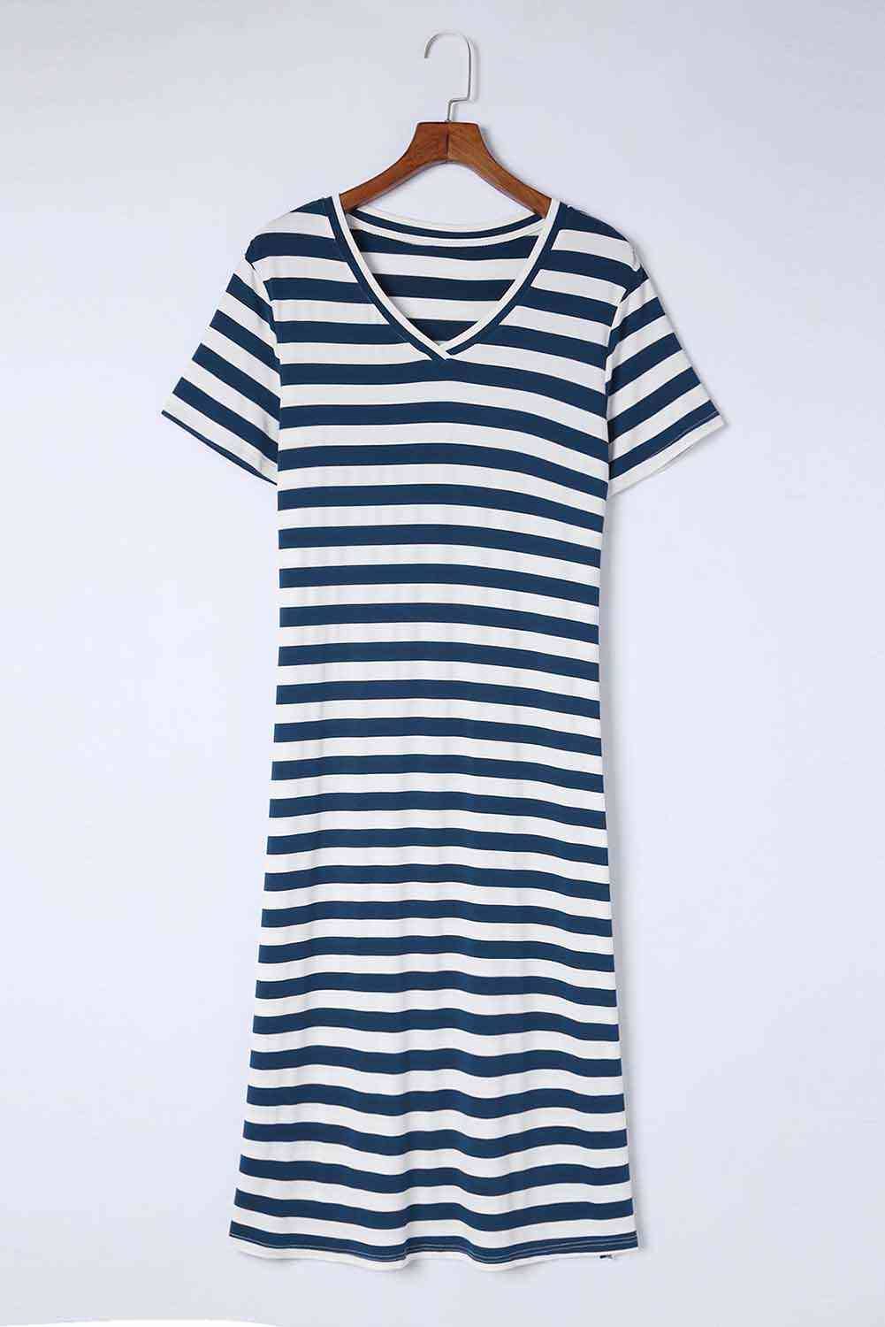 Striped V-Neck Short Sleeve Side Slit Dress -BazaarBey - www.shopbazaarbey.com