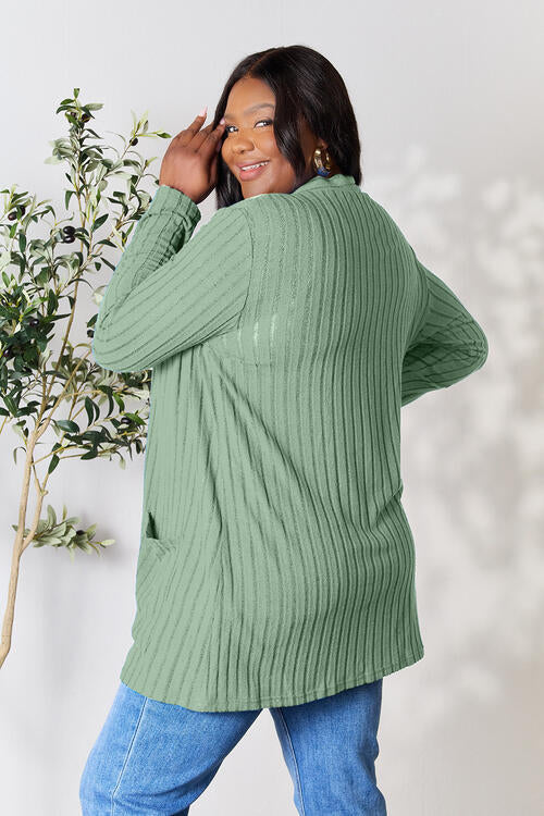 Ribbed Open Front Cardigan with Pockets Bazaarbey