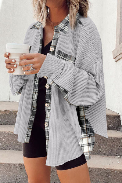 Plaid Button Down Collared Jacket Trendsi