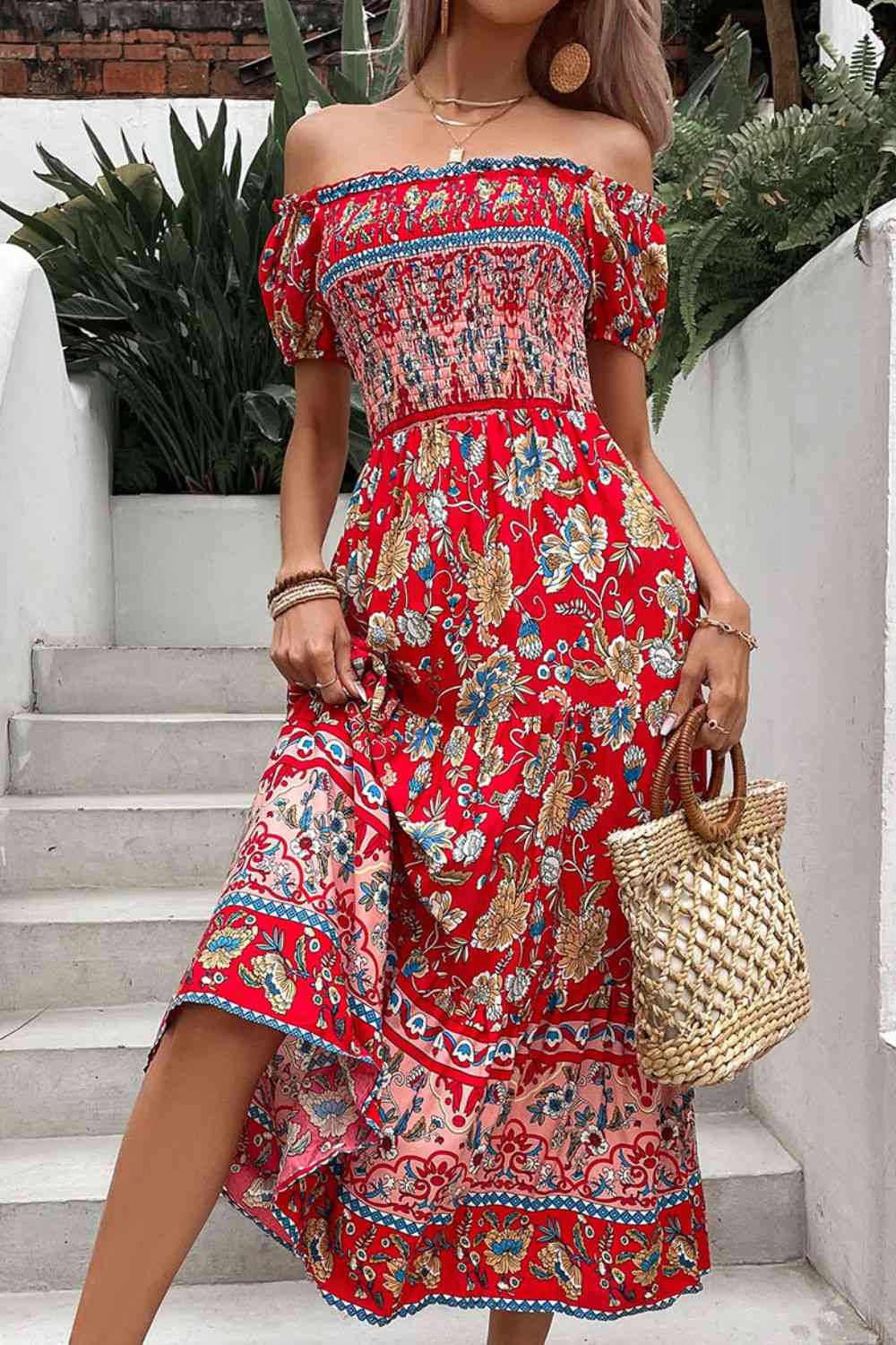 Floral Off-Shoulder Smocked Midi Dress -BazaarBey - www.shopbazaarbey.com