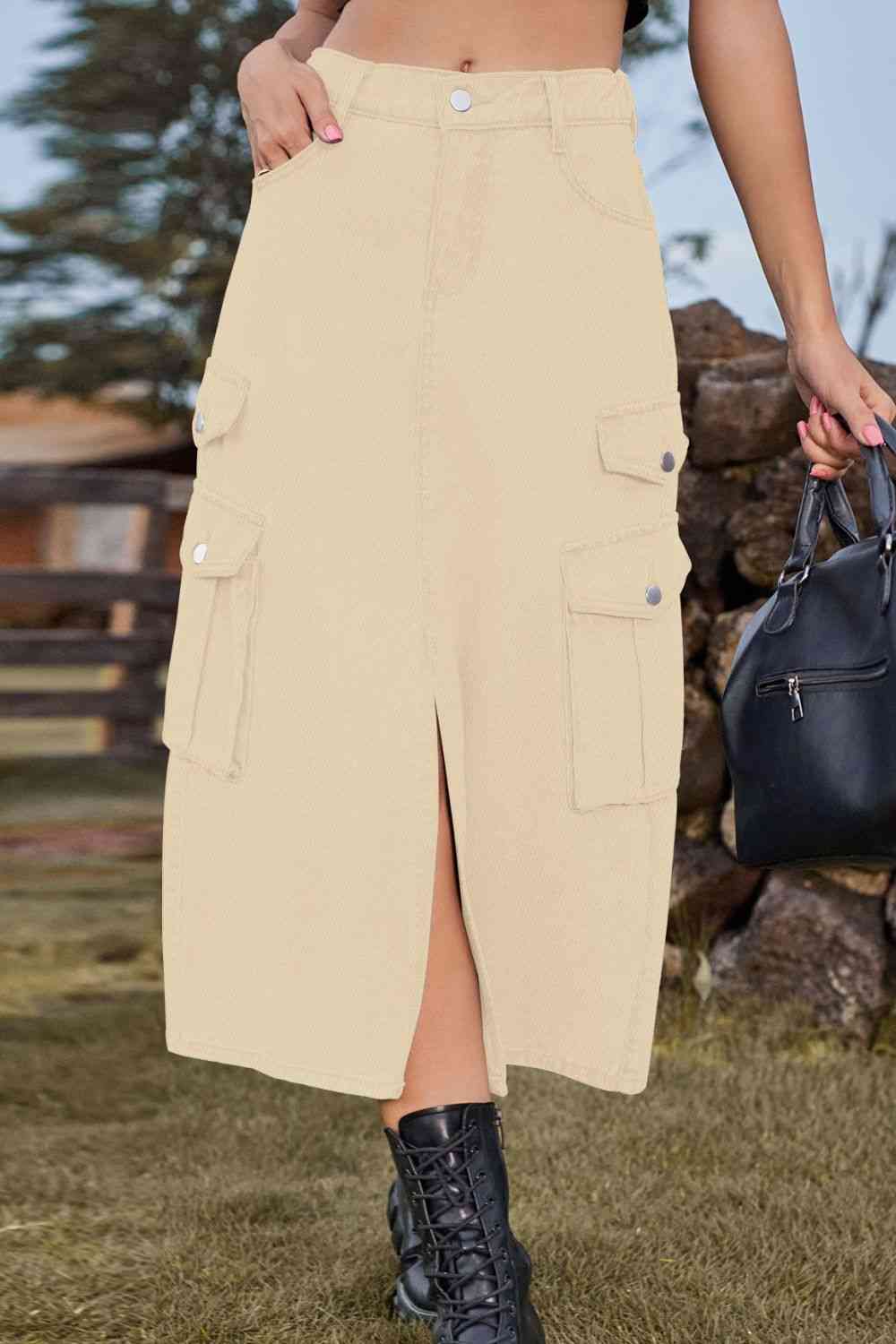 Slit Front Midi Denim Skirt with Pockets Trendsi
