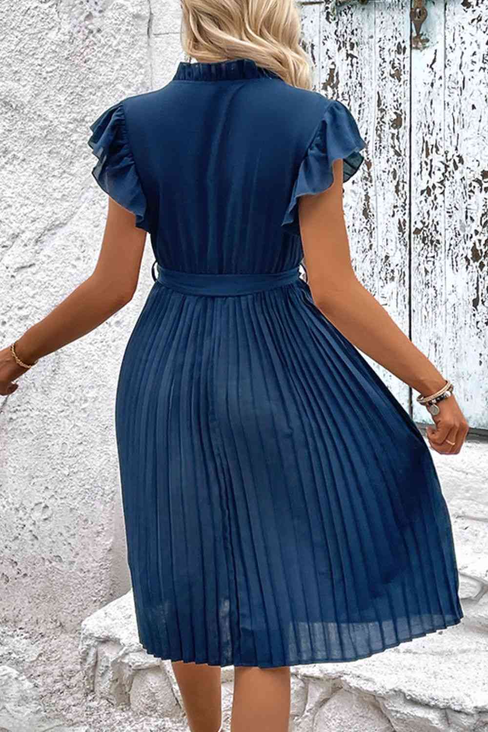 Tie Neck Belted Pleated Dress -BazaarBey - www.shopbazaarbey.com