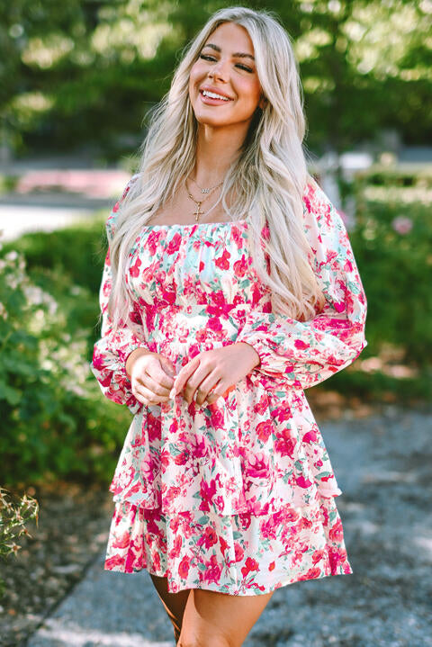 Floral Square Neck Layered Dress -BazaarBey - www.shopbazaarbey.com