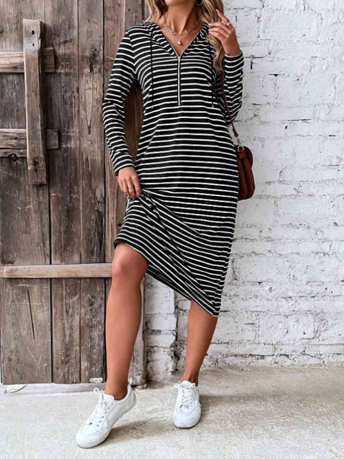 Striped Zip Front Hooded Dress -BazaarBey - www.shopbazaarbey.com