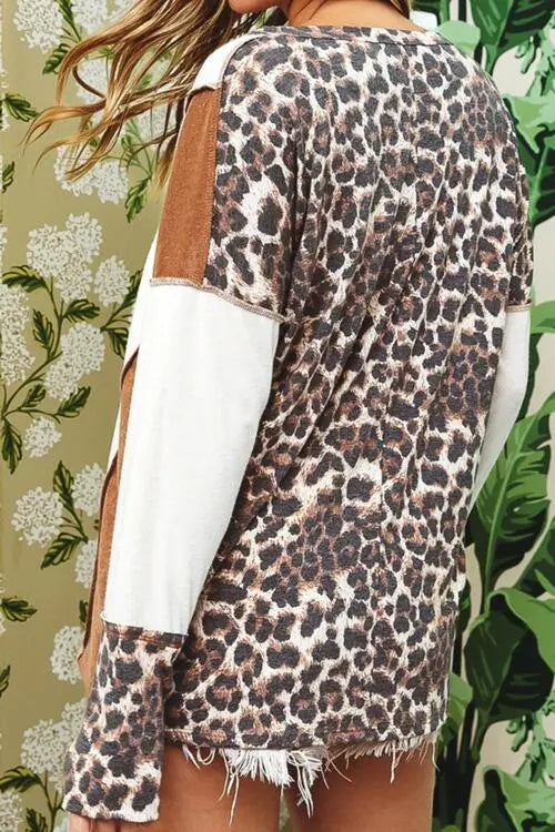 Leopard V-Neck Dropped Shoulder Blouse Trendsi