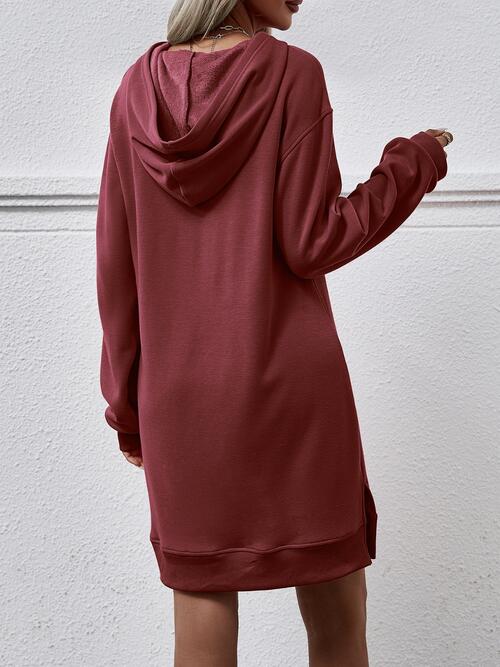 Slit Long Sleeve Hooded Dress with Pocket -BazaarBey - www.shopbazaarbey.com