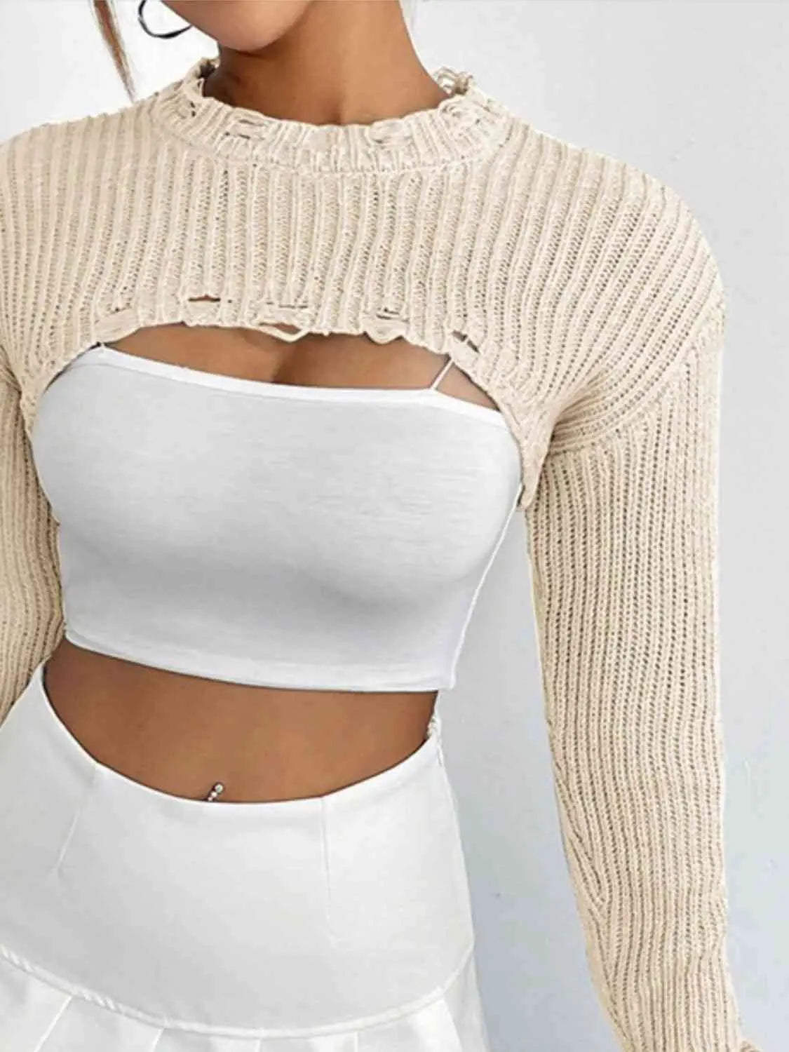 Distressed Long Sleeve Cropped Sweater Trendsi