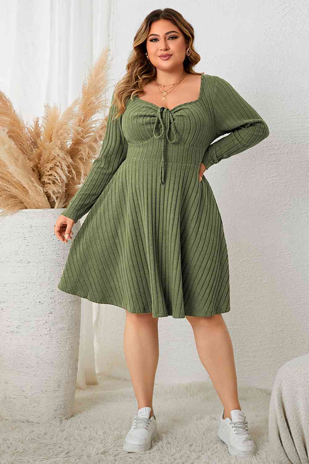 Plus Size Sweetheart Neck Long Sleeve Ribbed Dress -BazaarBey - www.shopbazaarbey.com