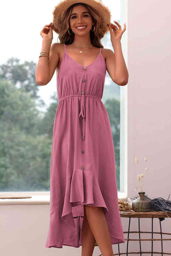 Spaghetti Strap Decorative Button Ruffled Dress -BazaarBey - www.shopbazaarbey.com