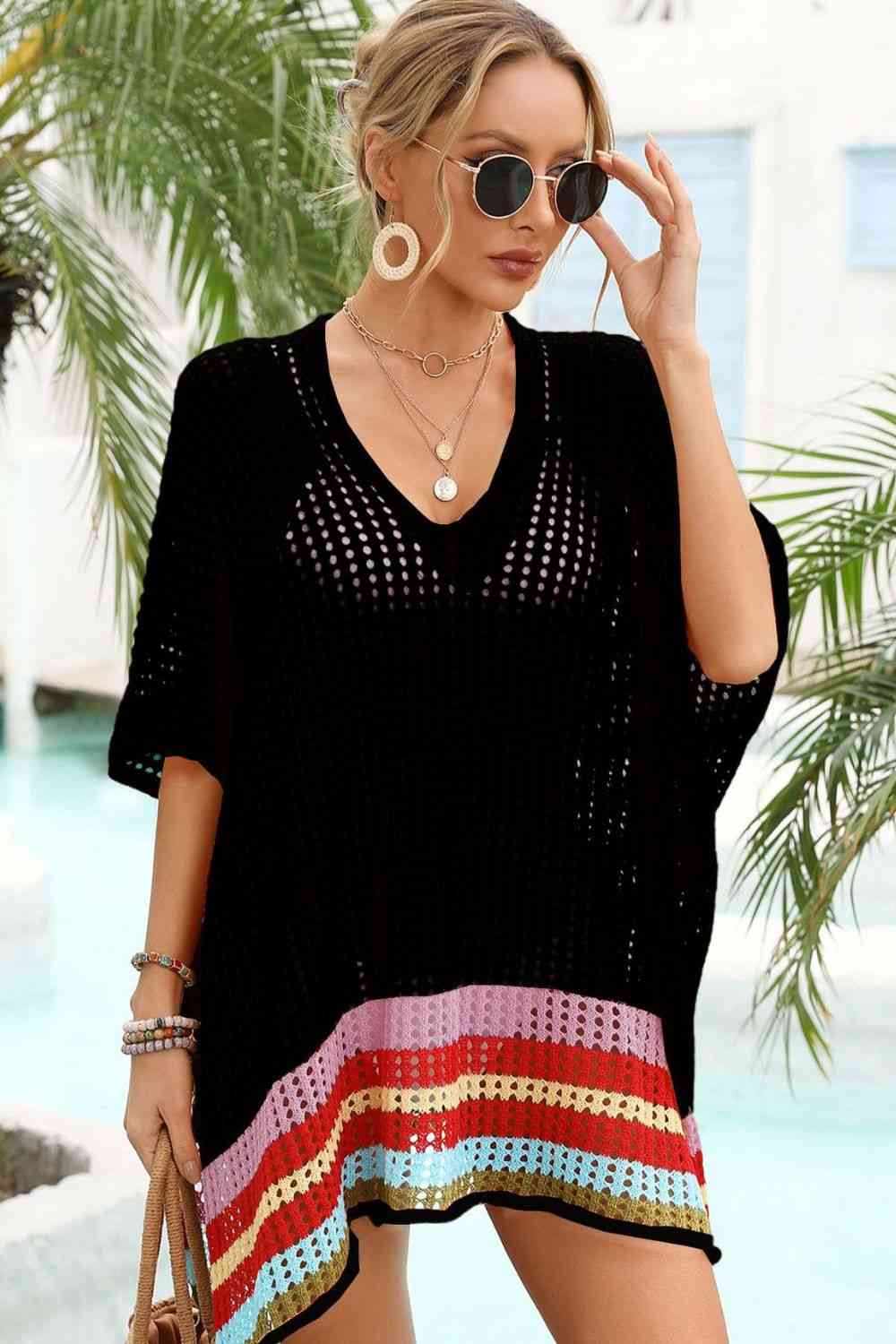 Rainbow Stripe Openwork Slit Cover-Up Bazaarbey