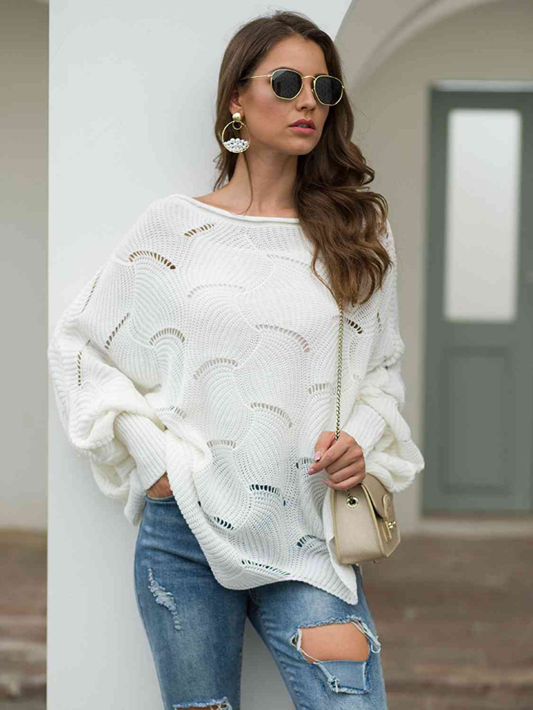 Boat Neck Lantern Sleeve  Knit Top Bazaarbey