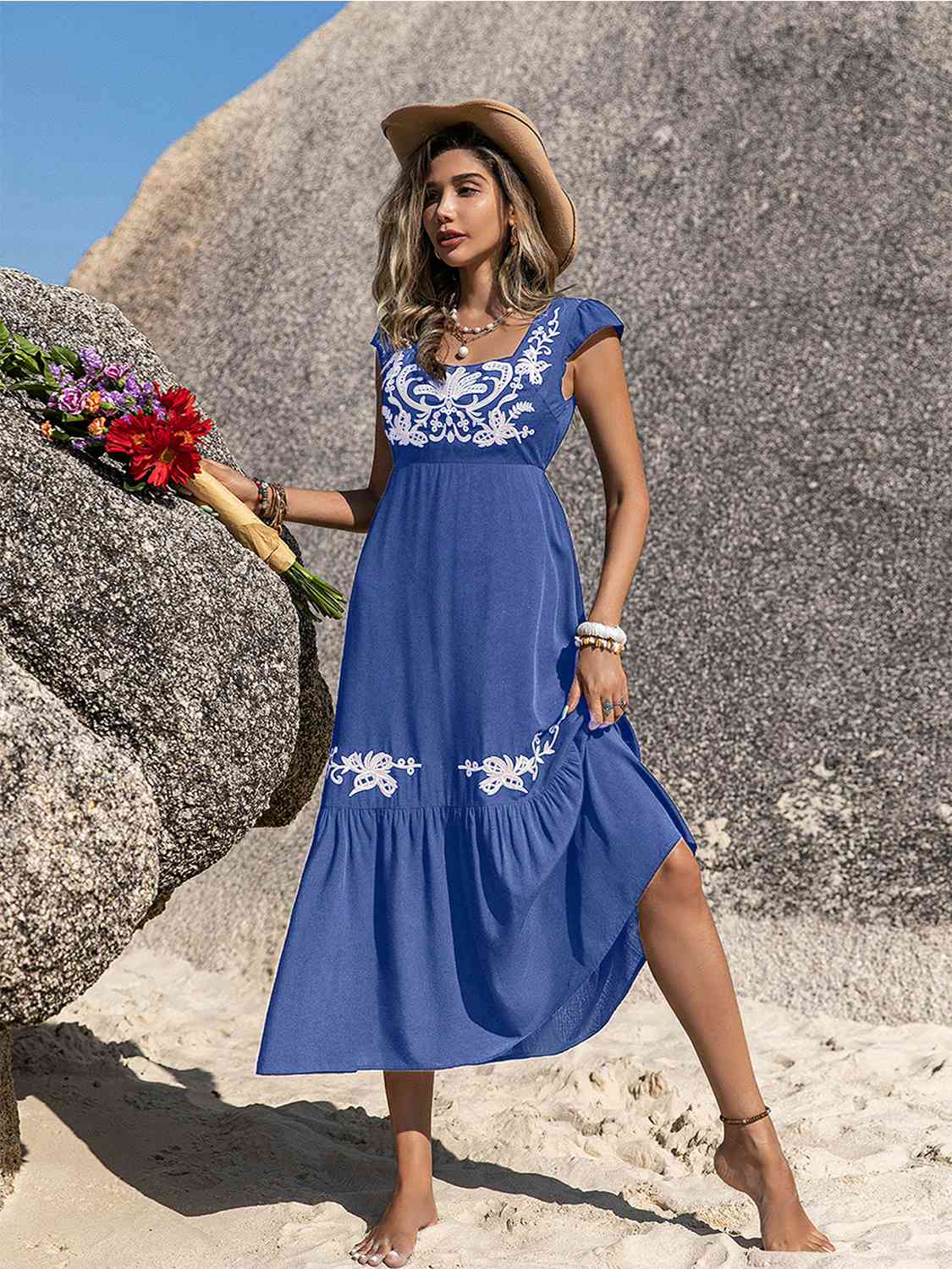 Embroidered Square Neck Ruffle Hem Dress -BazaarBey - www.shopbazaarbey.com