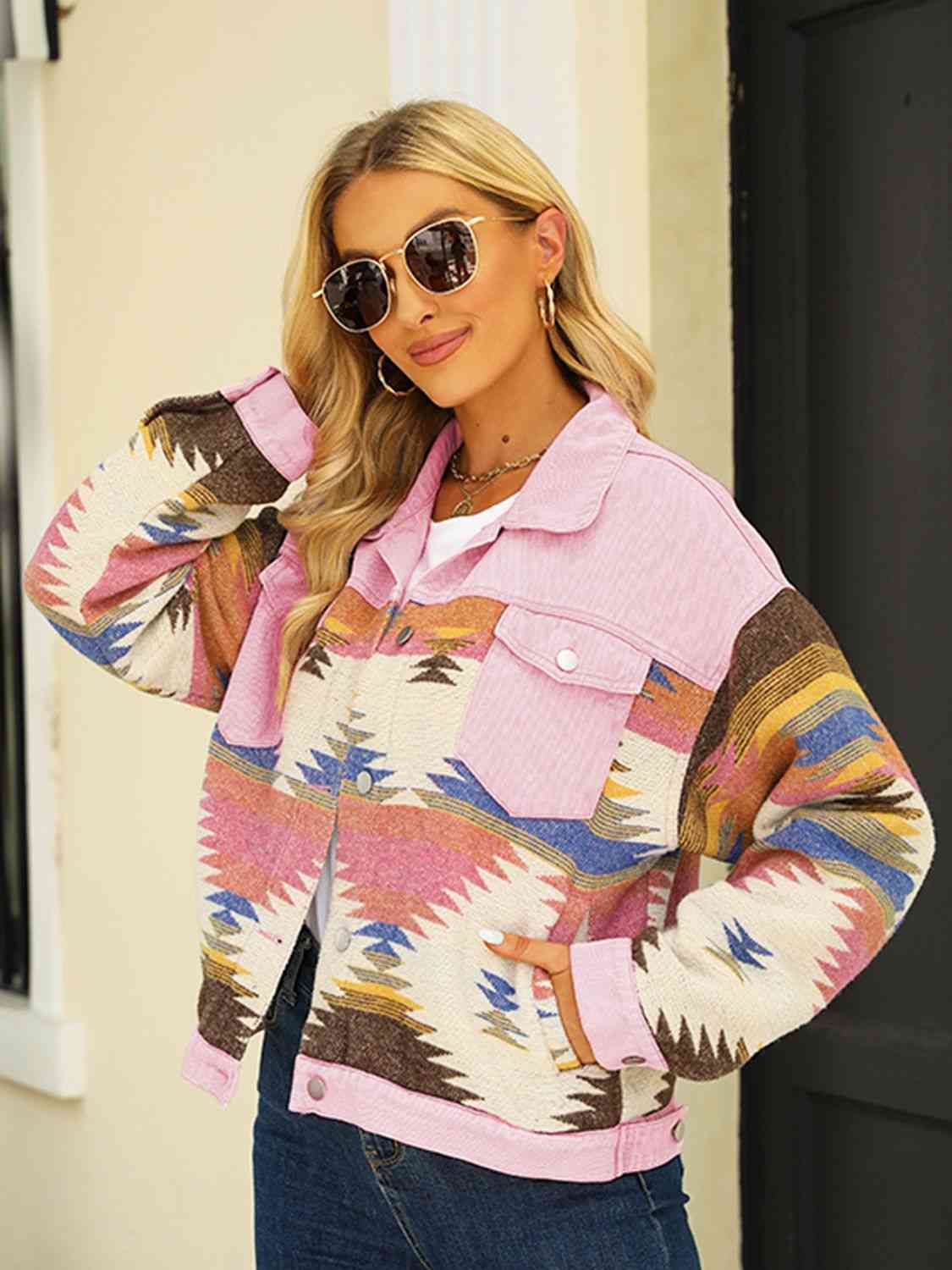 Printed Dropped Shoulder Long Sleeve Denim Jacket Bazaarbey