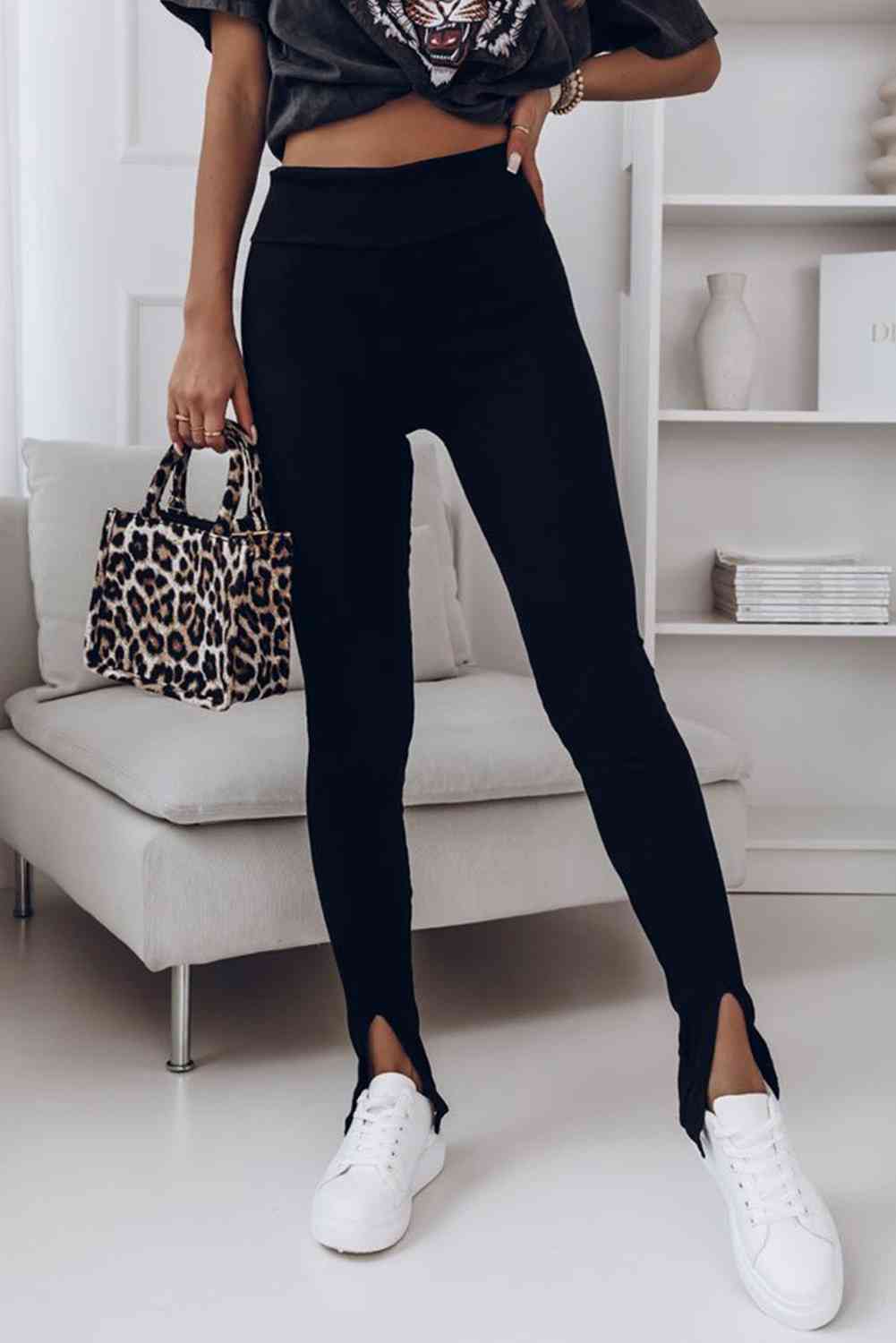 High Waist Ribbed Slit Leggings Bazaarbey