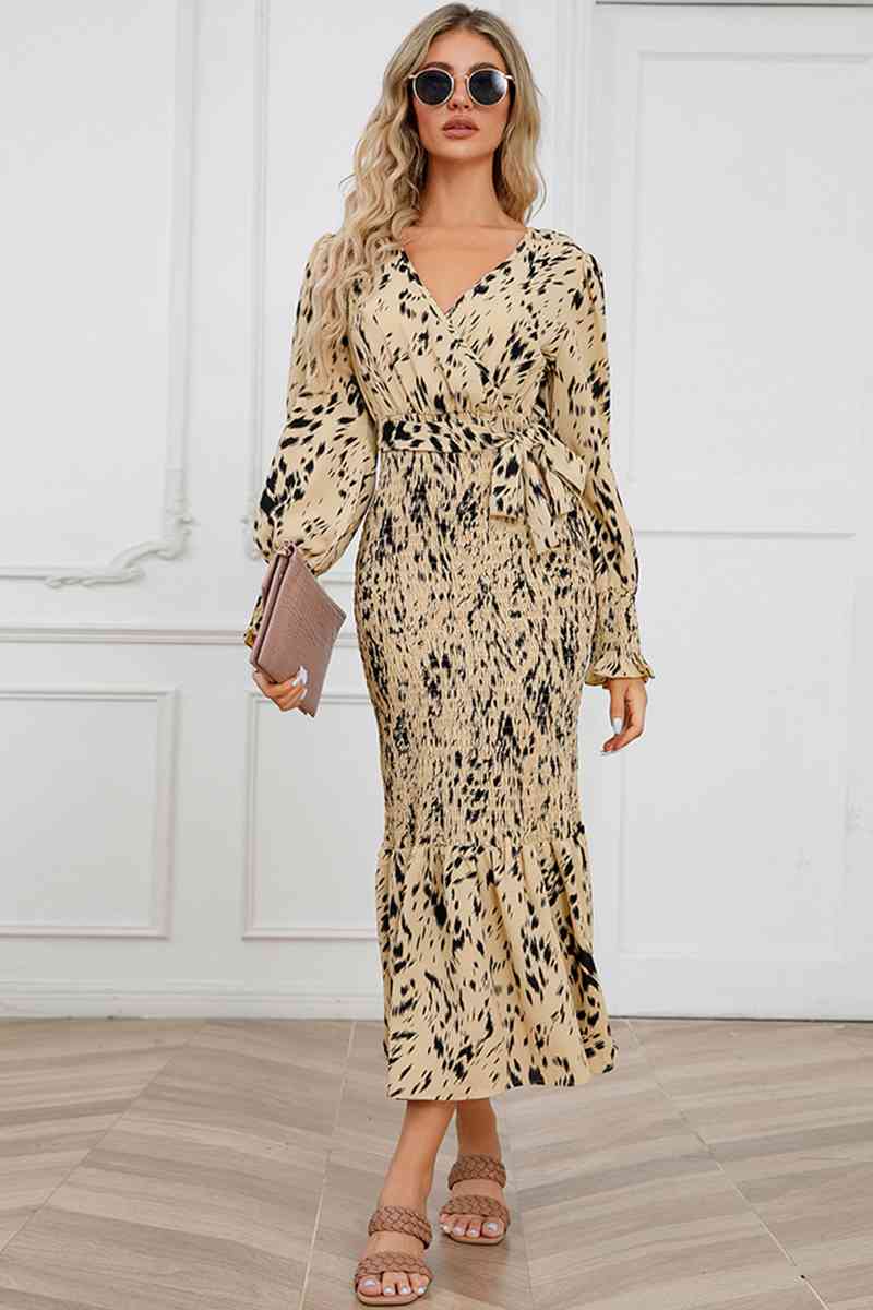 Printed V-Neck Smocked Midi Dress -BazaarBey - www.shopbazaarbey.com