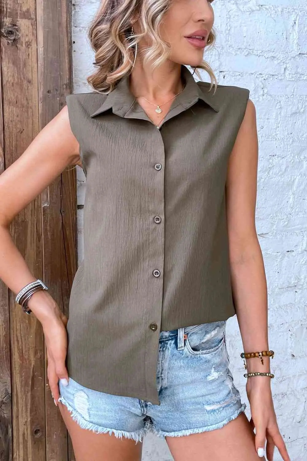 Collared Neck Sleeveless Shirt Bazaarbey