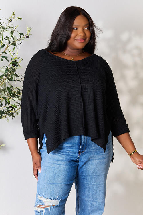   Round Neck High-Low Slit Knit Top Bazaarbey