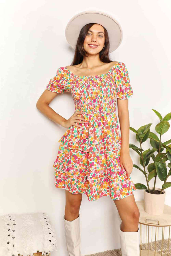  Smocked Sweetheart Neck Flounce Sleeve Mini Dress -BazaarBey - www.shopbazaarbey.com