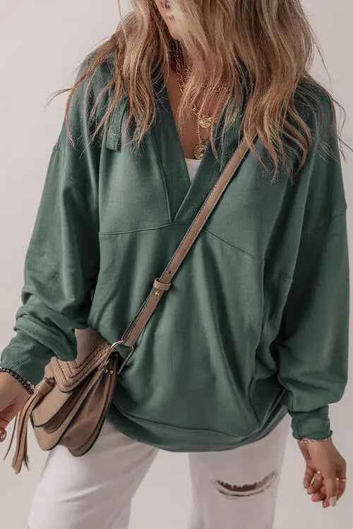 V-Neck Long Sleeve Hooded Top Trendsi