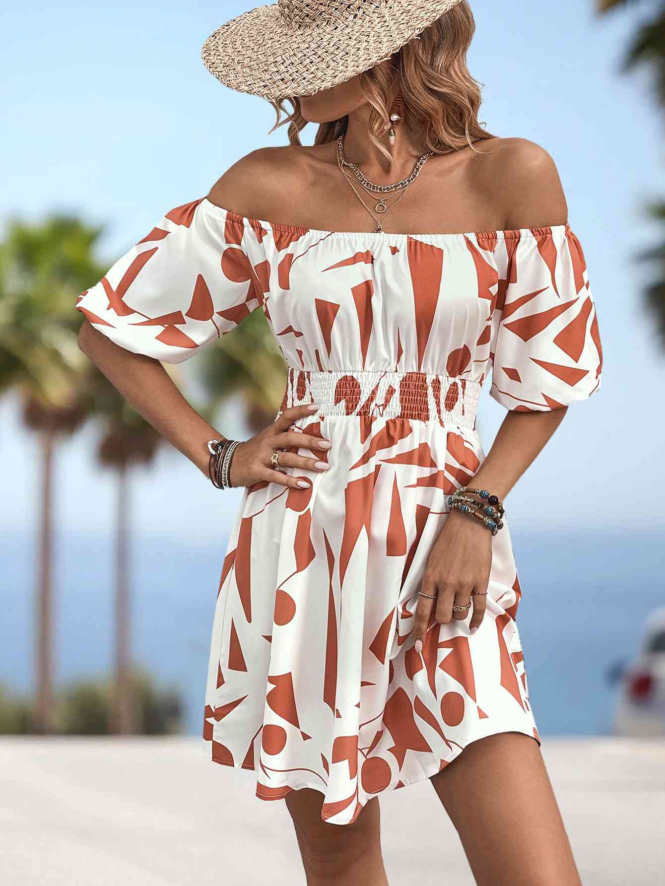 Printed Off-Shoulder Smocked Waist Dress -BazaarBey - www.shopbazaarbey.com