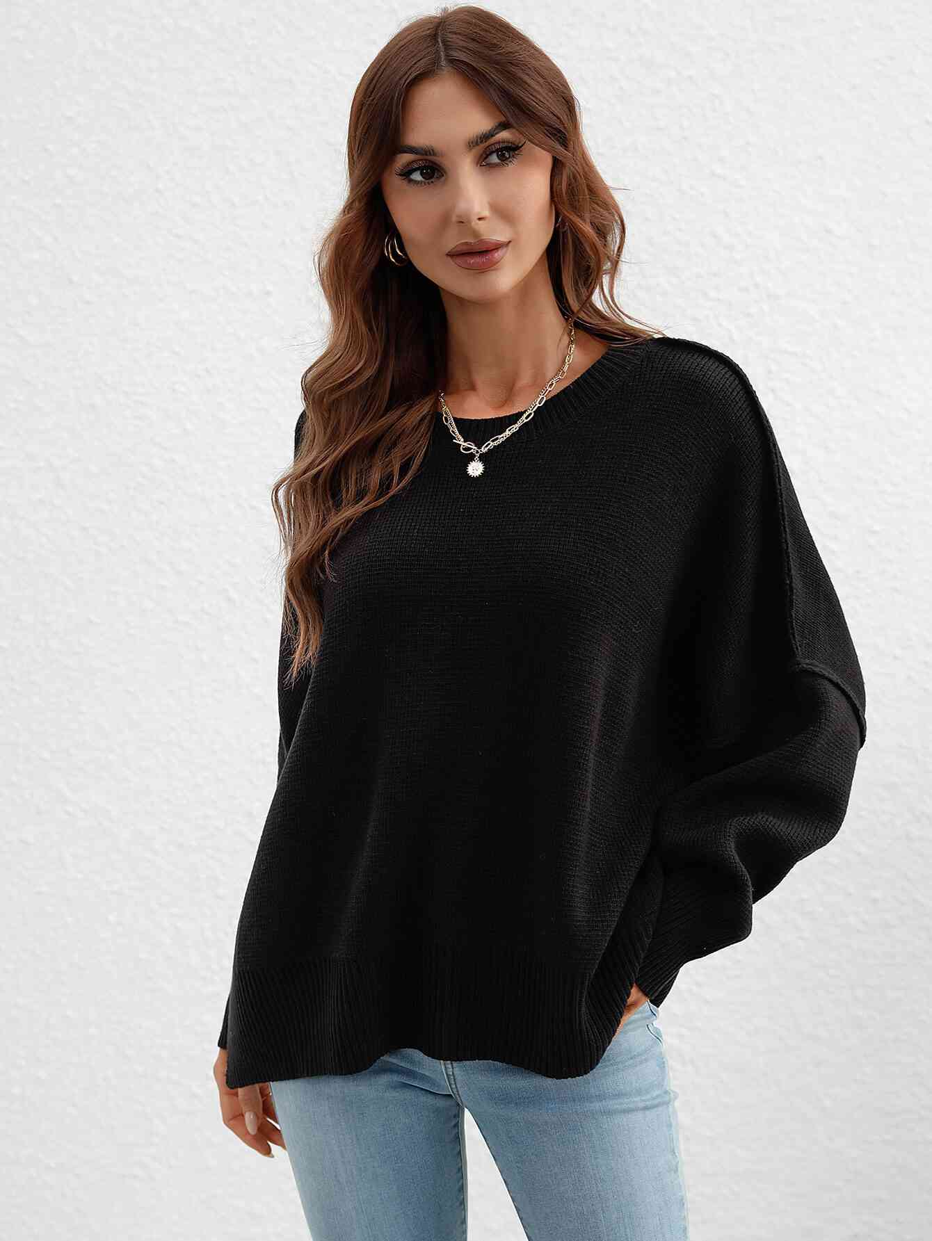 Exposed Seam Dropped Shoulder Slit Sweater Trendsi