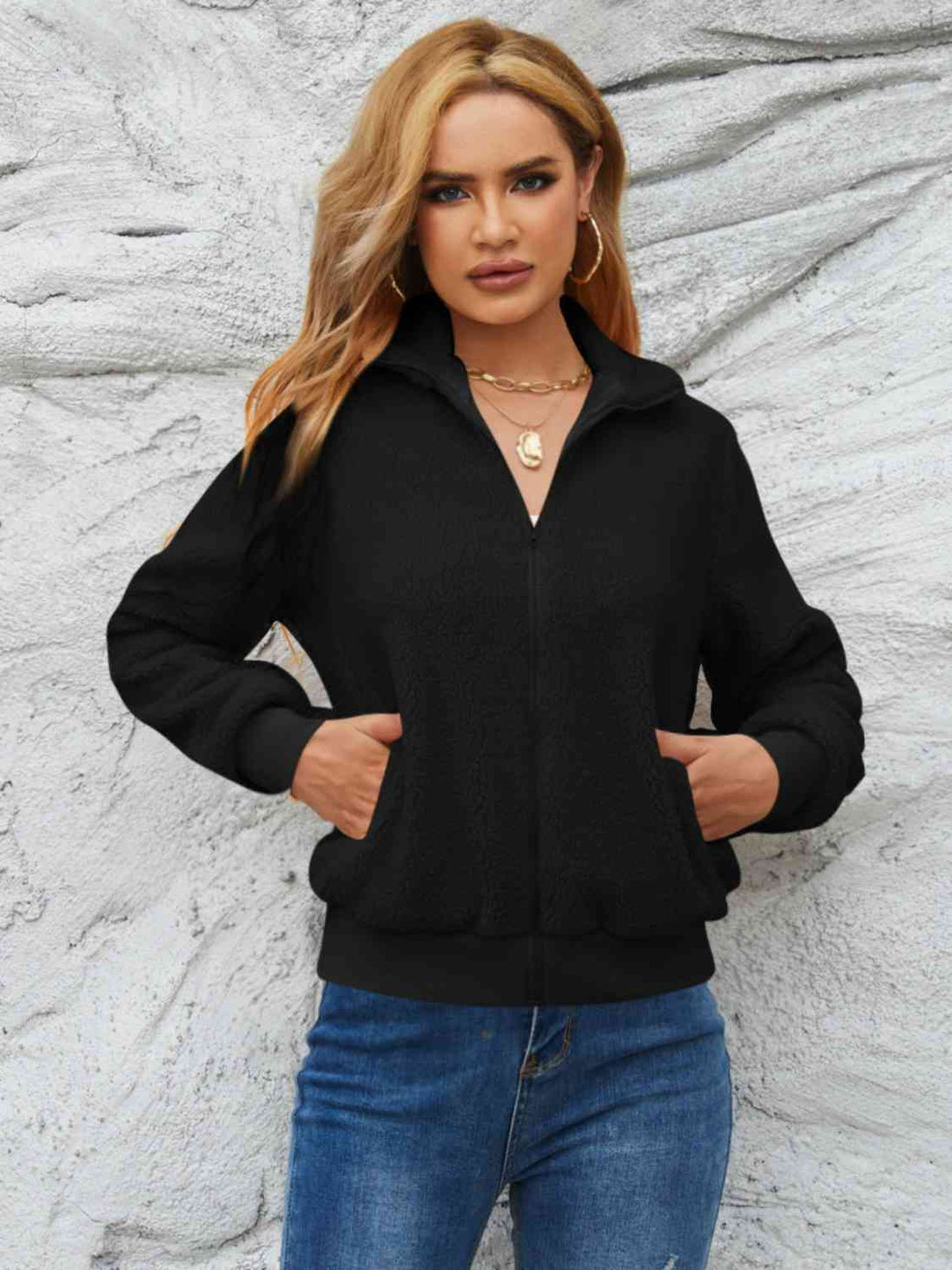 Zip Up Collared Neck Long Sleeve Jacket Trendsi