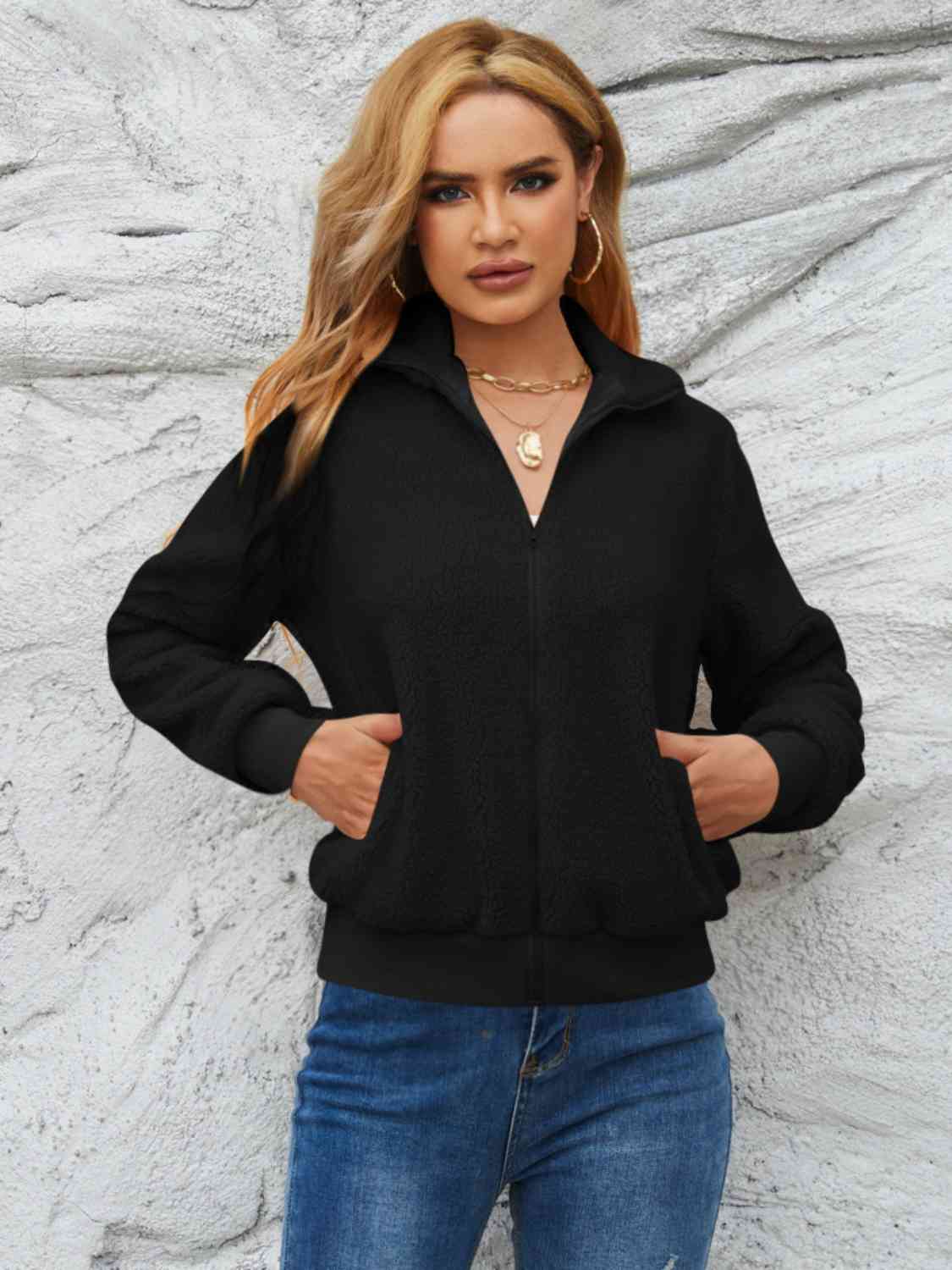 Zip Up Collared Neck Long Sleeve Jacket Trendsi