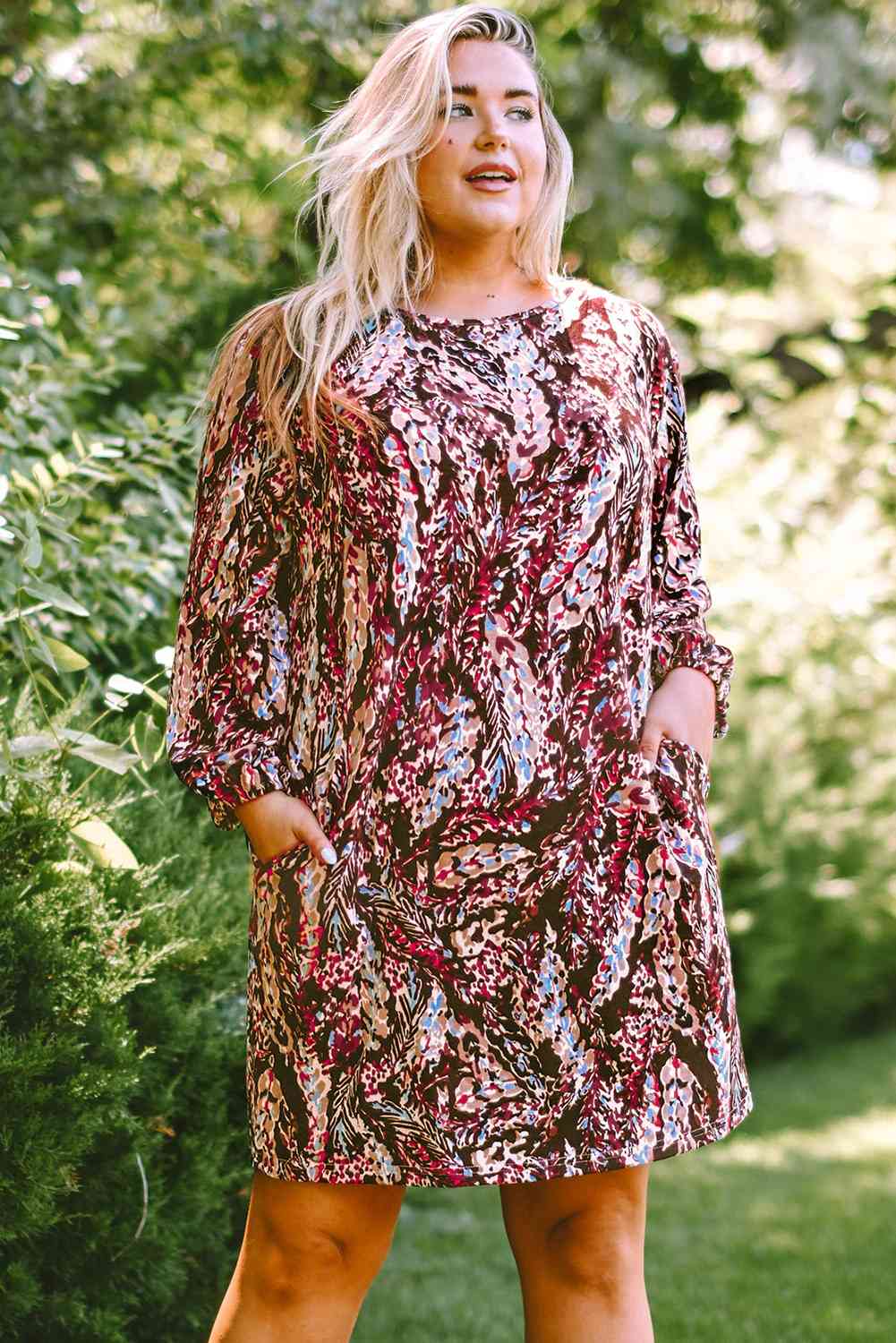 Plus Size Printed Round Neck Long Sleeve Mini Dress -BazaarBey - www.shopbazaarbey.com