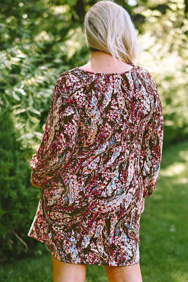 Plus Size Printed Round Neck Long Sleeve Mini Dress -BazaarBey - www.shopbazaarbey.com
