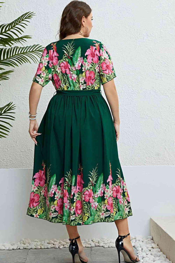 Floral Tie-Waist Round Neck Dress -BazaarBey - www.shopbazaarbey.com