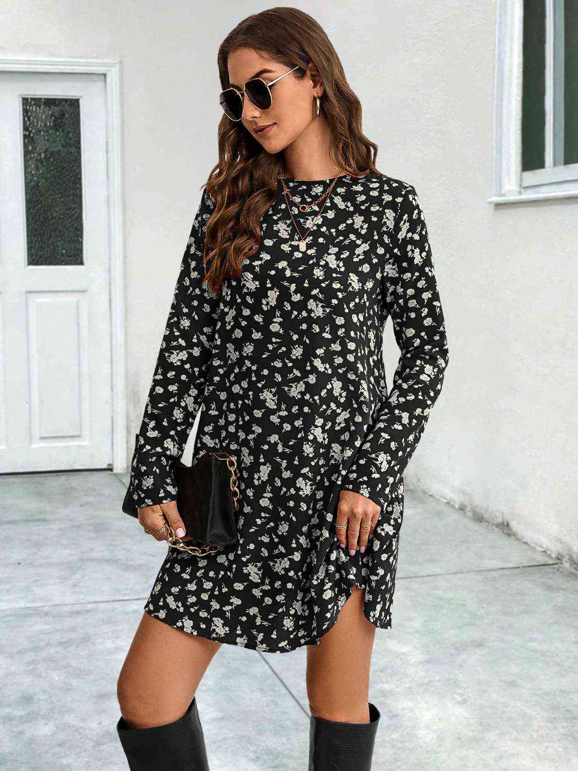 Round Neck Long Sleeve Mini Dress -BazaarBey - www.shopbazaarbey.com