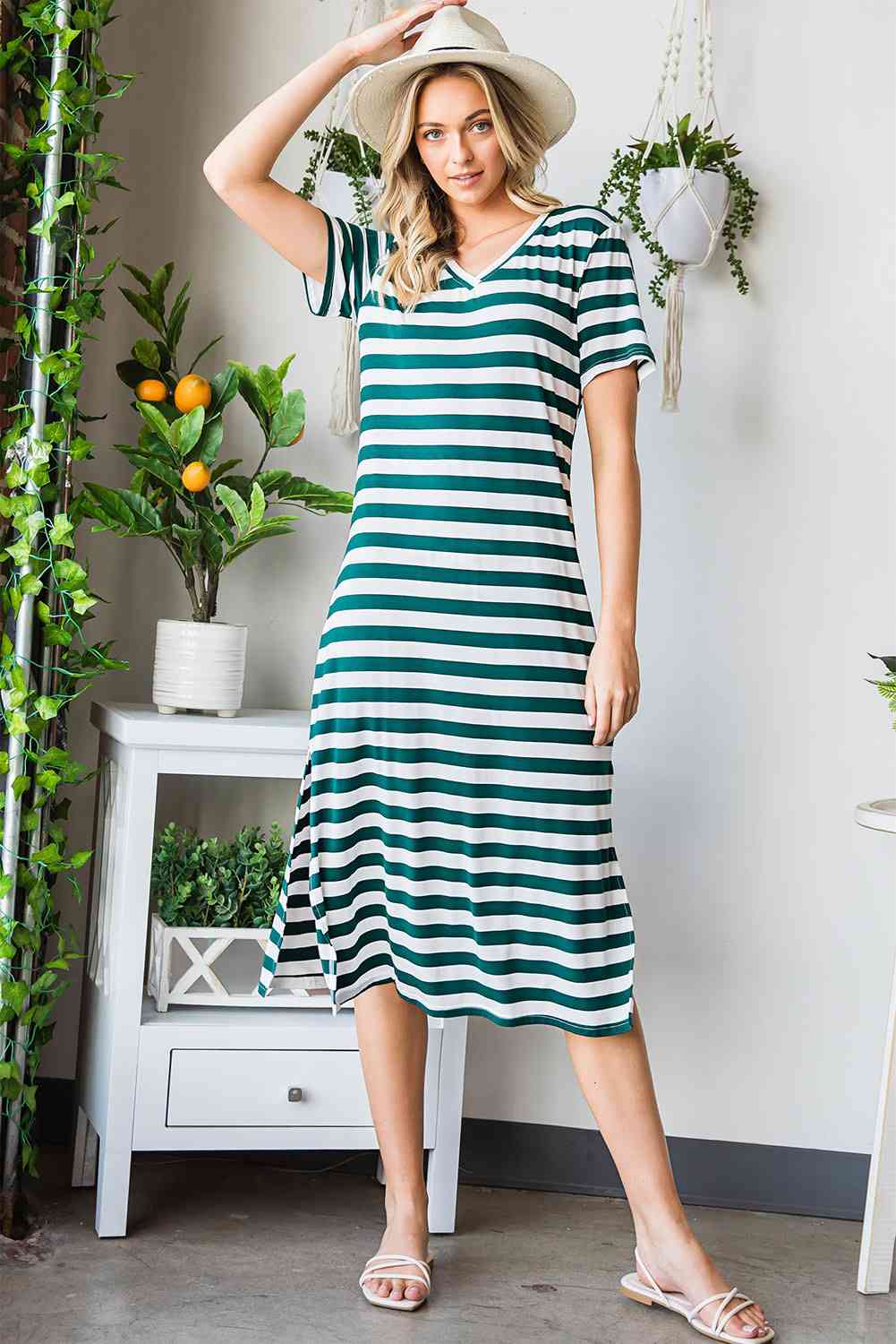Striped V-Neck Short Sleeve Side Slit Dress -BazaarBey - www.shopbazaarbey.com