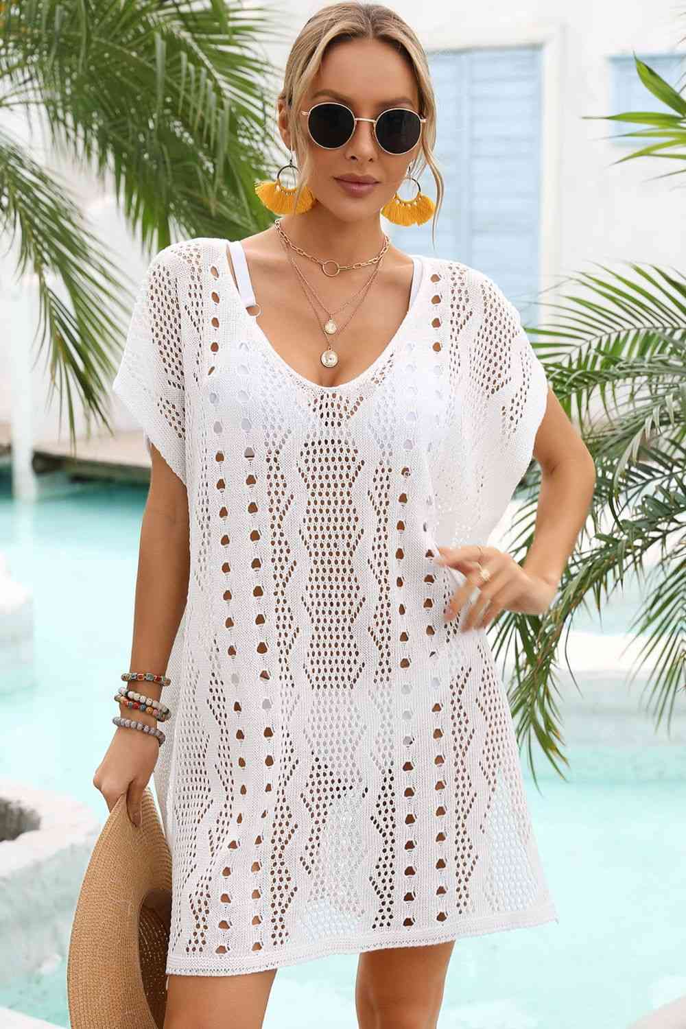 Openwork Plunge Dolman Sleeve Cover-Up Dress Trendsi
