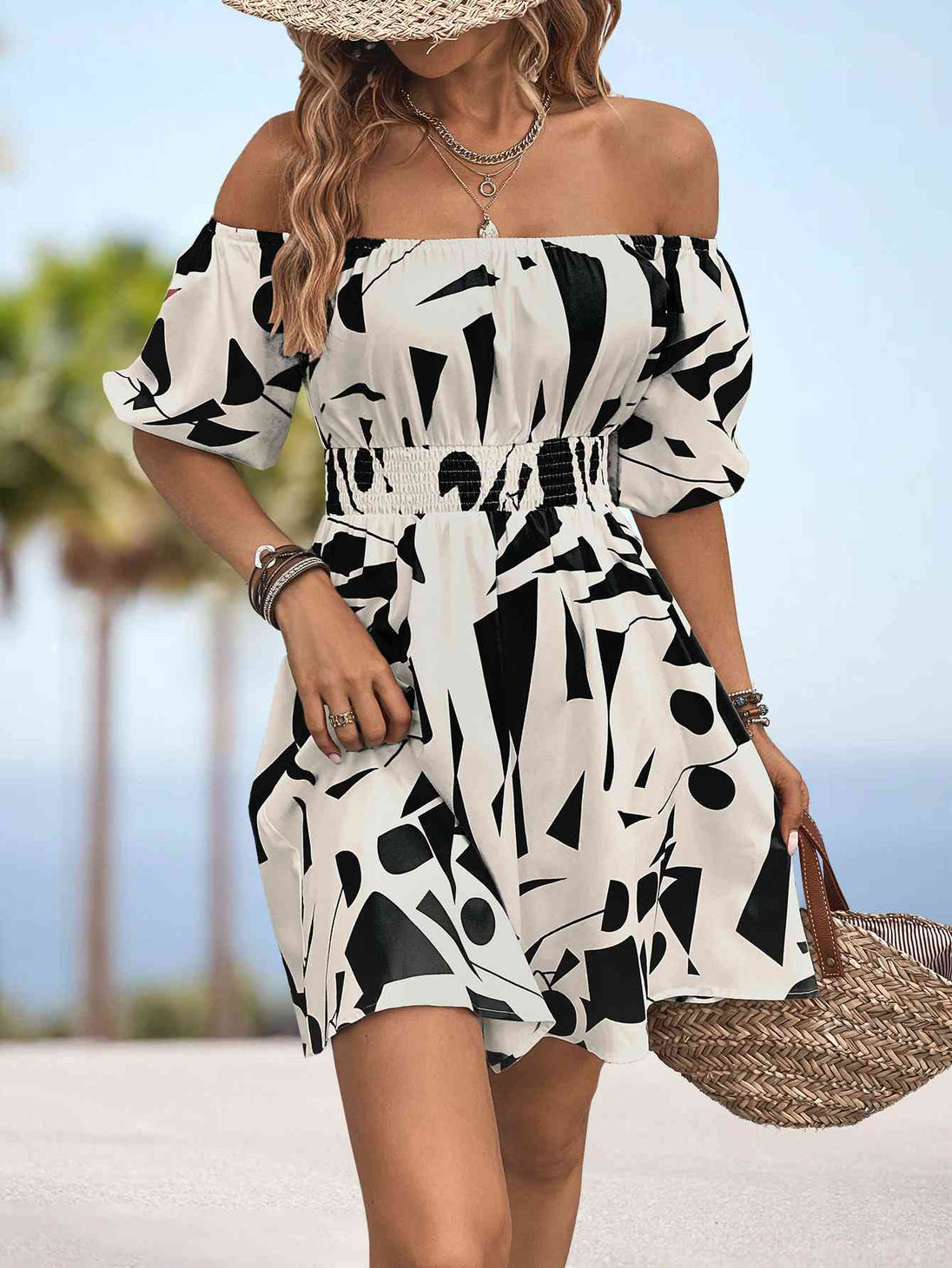Printed Off-Shoulder Smocked Waist Dress -BazaarBey - www.shopbazaarbey.com