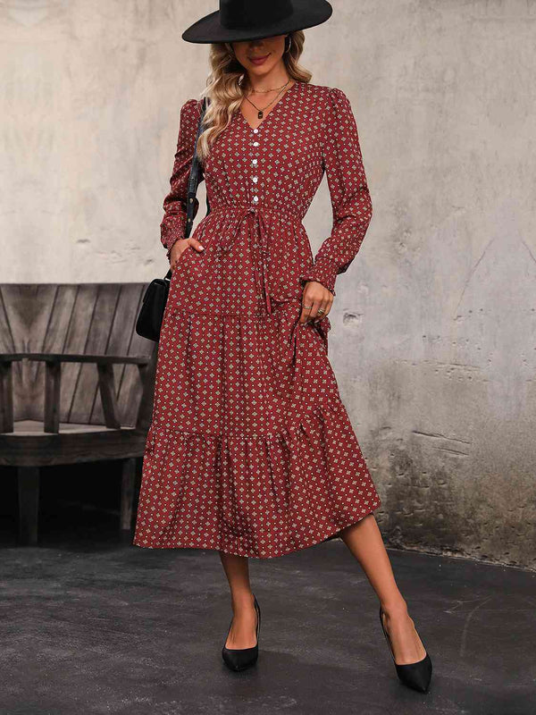 Printed Tiered V-Neck Buttoned Midi Dress -BazaarBey - www.shopbazaarbey.com