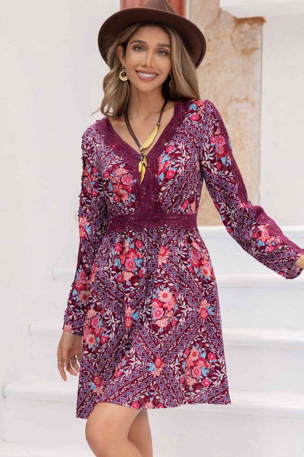 V-Neck Long Sleeve Printed Mini Dress -BazaarBey - www.shopbazaarbey.com