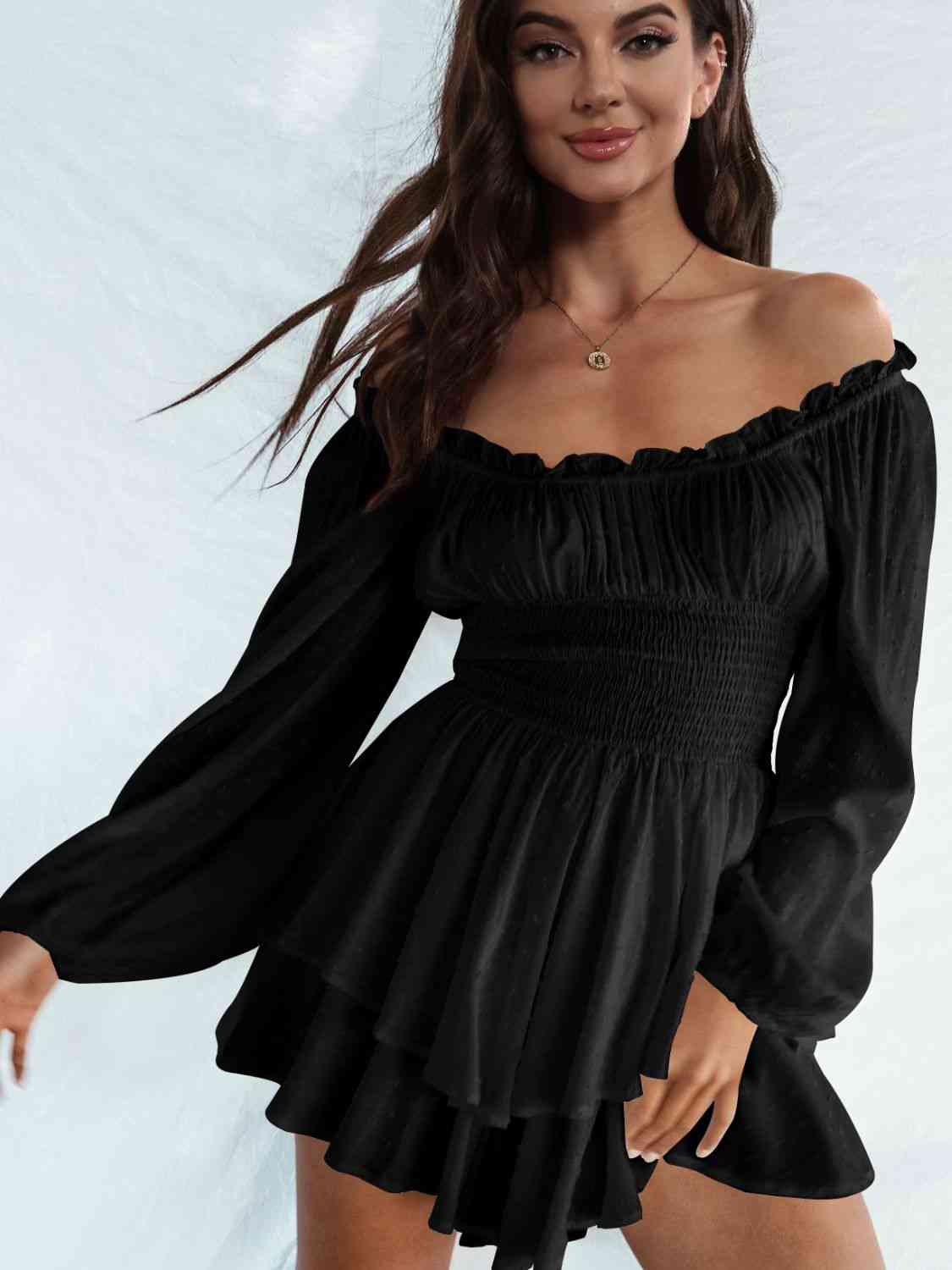 Off Shoulder Smocked Waist Romper -BazaarBey - www.shopbazaarbey.com