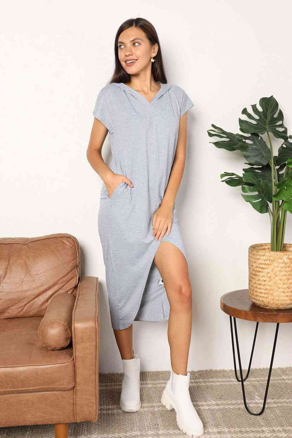  Short Sleeve Front Slit Hooded Dress -BazaarBey - www.shopbazaarbey.com
