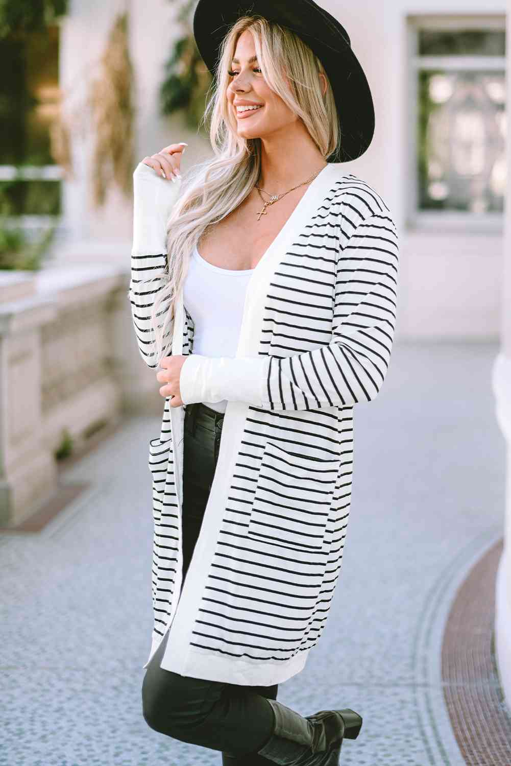 Striped Open Front Longline Cardigan Trendsi