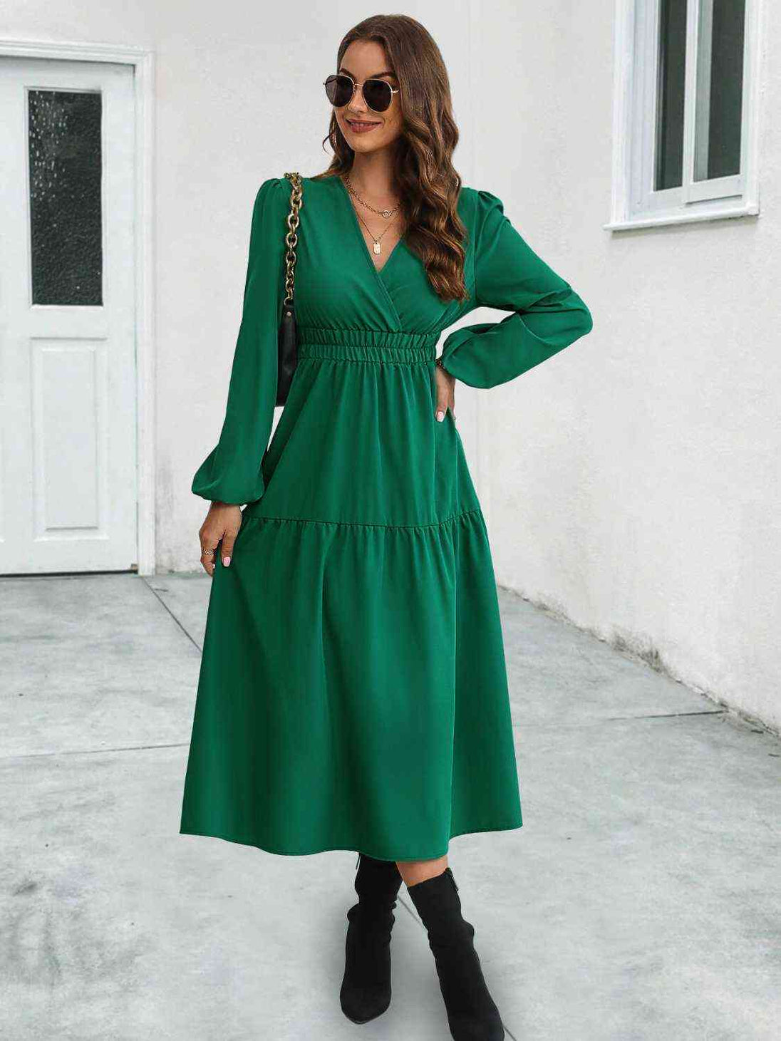 Neck Long Sleeve Midi Dress -BazaarBey - www.shopbazaarbey.com