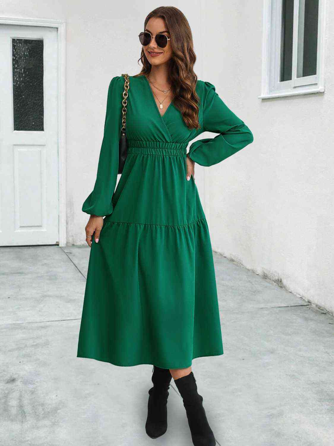  Neck Long Sleeve Midi Dress -BazaarBey - www.shopbazaarbey.com