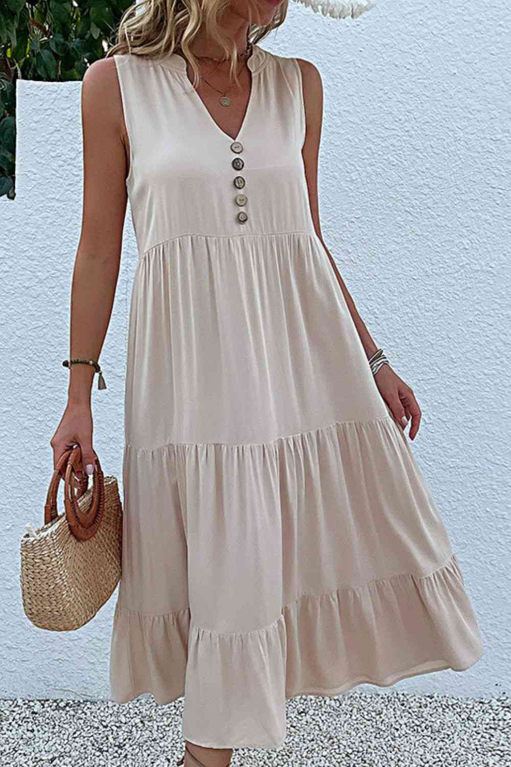 Decorative Button Sleeveless Tiered Dress -BazaarBey - www.shopbazaarbey.com