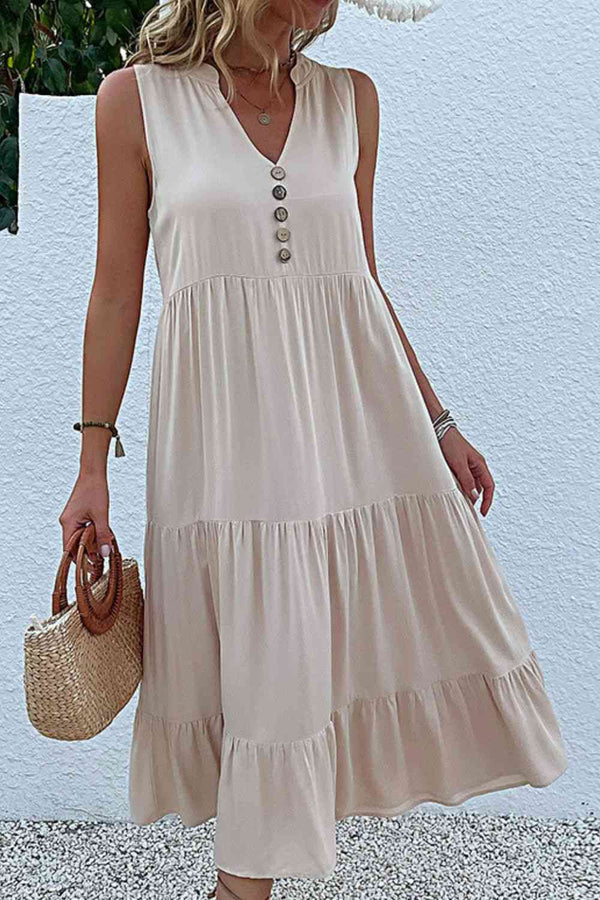 Decorative Button Sleeveless Tiered Dress -BazaarBey - www.shopbazaarbey.com